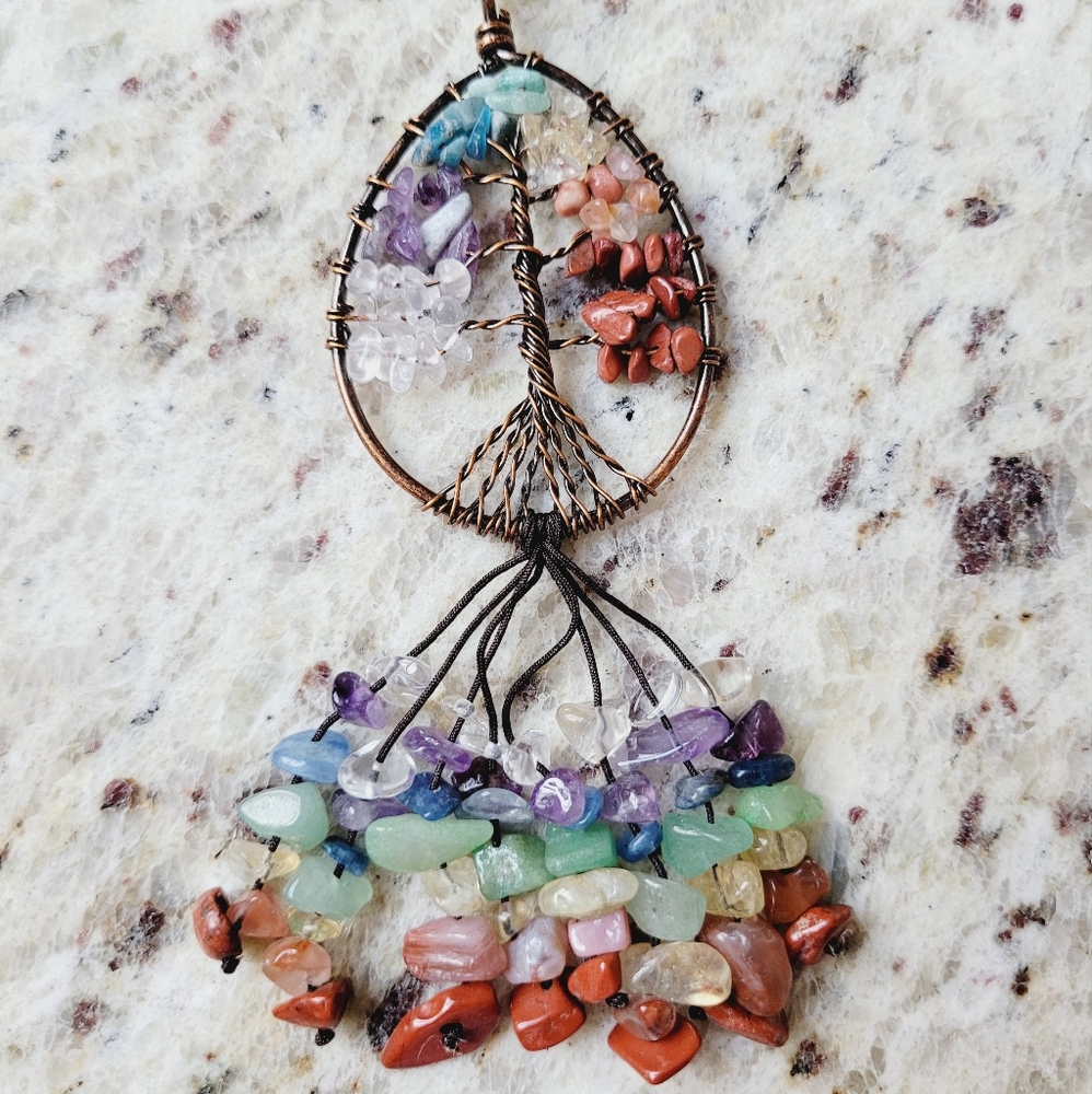 Tree of Life Cascading Gemstones Oval Charm Handmade *NWT